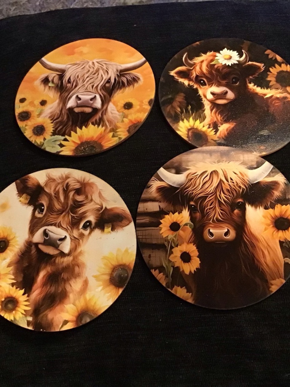 Sunflower Highland Cow Coaster Set - Brown & Yellow